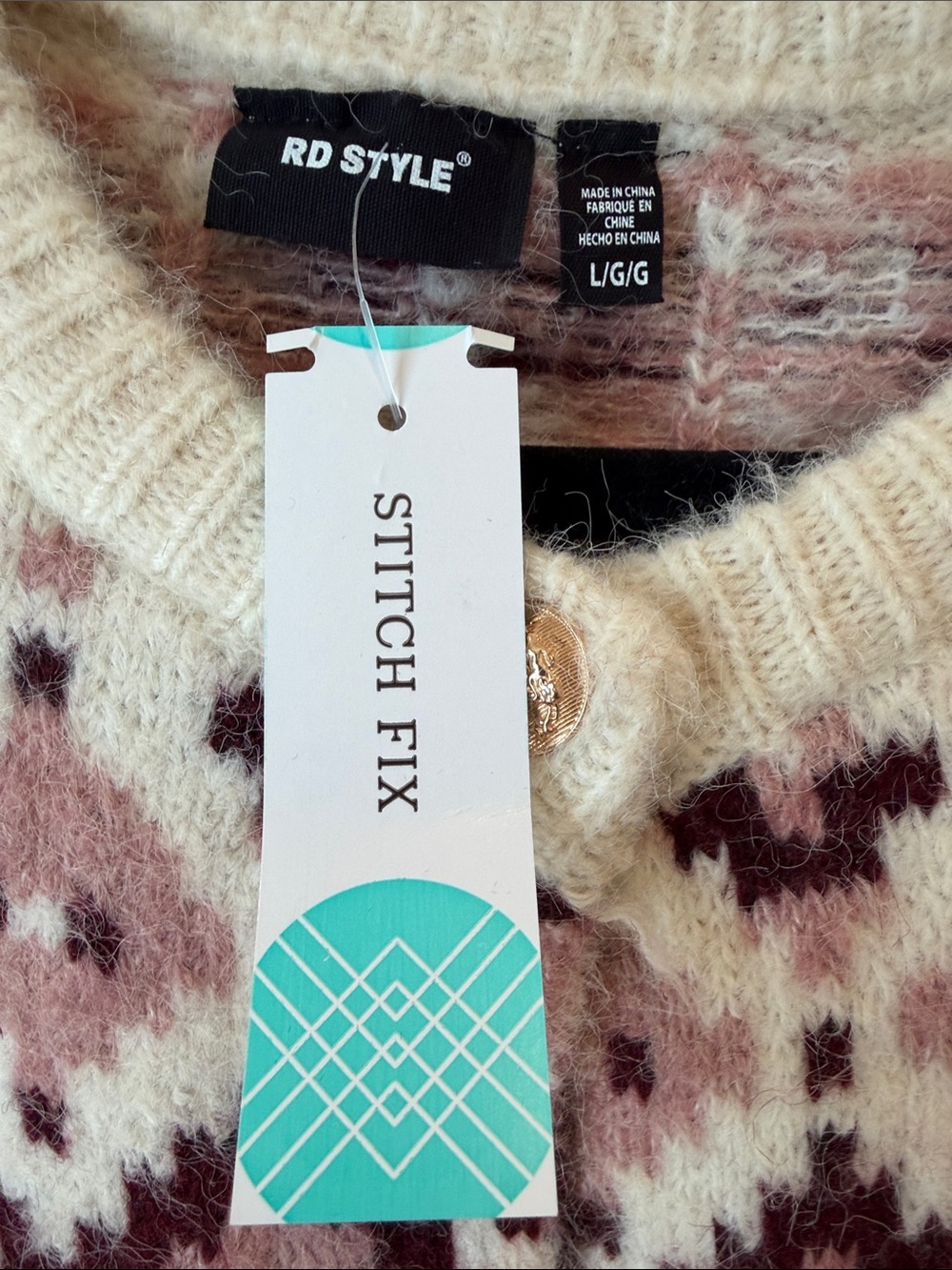 Cozy Patterned Crewneck Cardigan Sweater - Burgundy & Pink - Picture 3 of 5